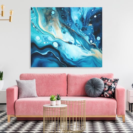 Blauwe Oceaan met Gouden Swirl Acryl Verf Gieten Canvas Afdruk (Insitu (Woonkamer))