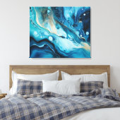 Blauwe Oceaan met Gouden Swirl Acryl Verf Gieten Canvas Afdruk (Insitu (Slaapkamer))