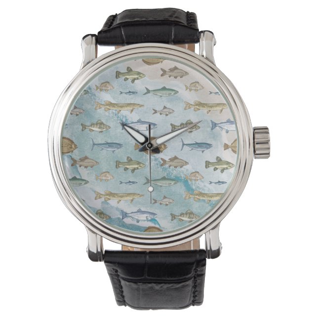 Blauwe Oceaan Nautisch Zeegezicht Vissen Horloge (Voorkant)