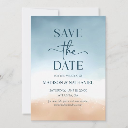 Blauwe Oceaan Strand Zand Trouwen Save The Date (Voorkant)