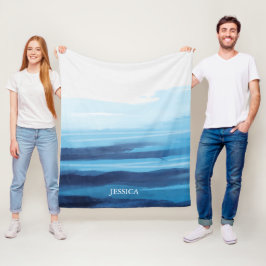 Blauwe Oceaan Waterverf Abstract Zee Monogram Fleece Deken