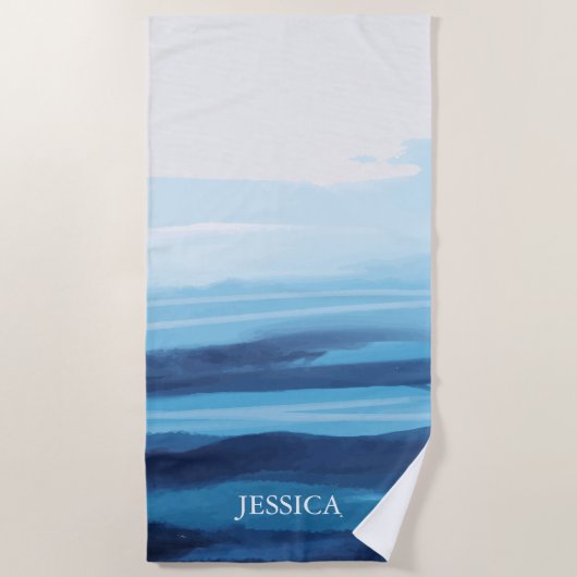 Blauwe Oceaan Waterverf Abstract Zee Monogram Strandlaken (Voorkant)