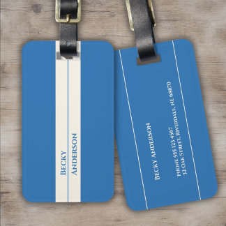 Blauwe Oceaan, Witte Zand, Blauwe Tekst, Retro Bagagelabel