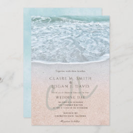 Blauwe Oceaan & Zandstrand Monogram Bruiloft Kaart