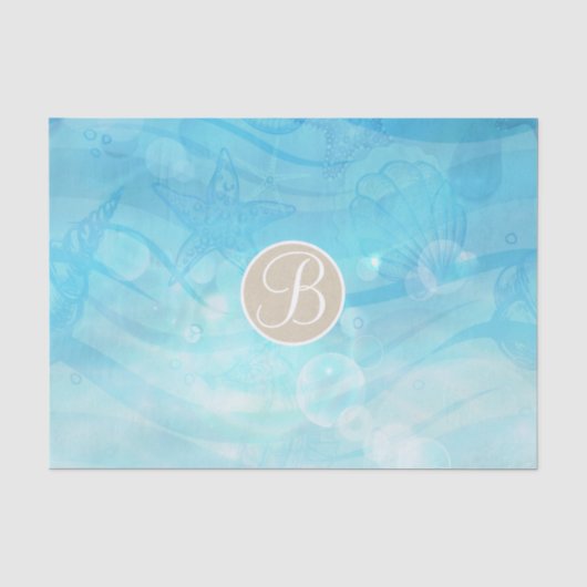 Blauwe Oceaan Zeeschelpen Strand Monogram Initiaal Tissuepapier (Voorkant)