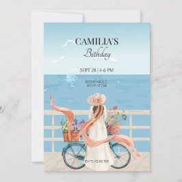 Blauwe Oceaan zomermeisje met fiets Kaart
