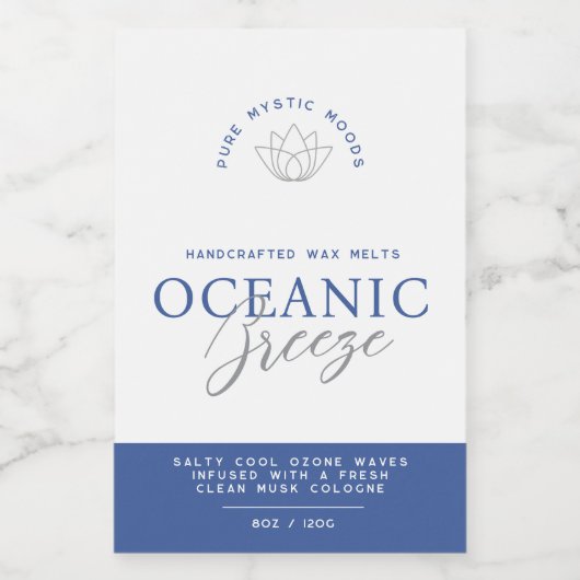 Blauwe oceaanbries geurende was smelt productlabel wijn etiket (Enkel label)