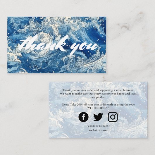 Blauwe oceaancrashgolven bedankt informatiekaartje (Voorkant / Achterkant)