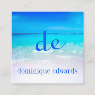 Blauwe oceaangolfstrand Scene Modern Monogram Squa Vierkante Visitekaartje
