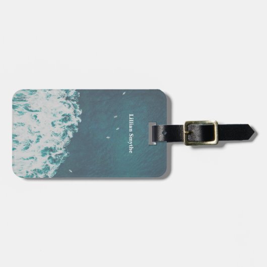 Blauwe oceaangolven Aerial Beach Photography Name Bagagelabel (Voorkant horizontaal)