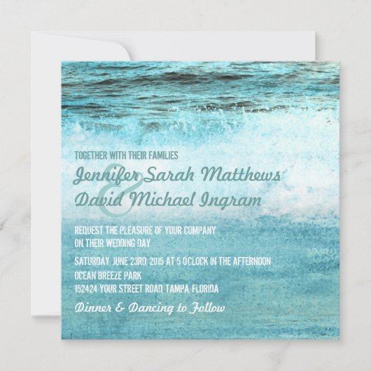 Blauwe oceaangolven Beach Wedding Invitations Kaart (Voorkant)