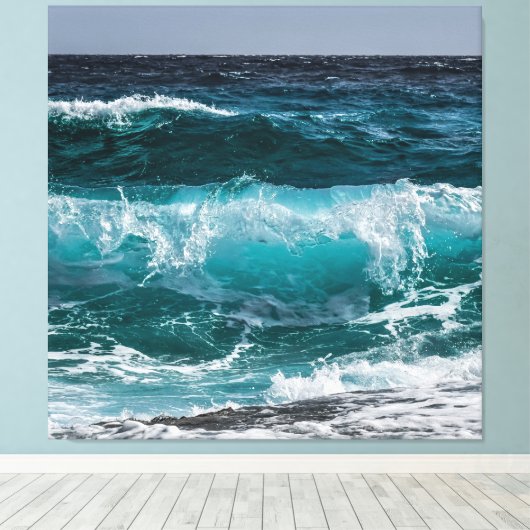 Blauwe oceaangolven canvas afdruk (Insitu (Houten vloer))