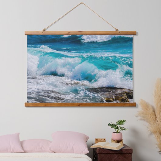 Blauwe oceaangolven en Rocks Hangend Wandkleed (Slaapkamer)