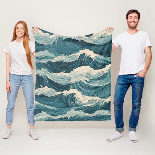 Blauwe oceaangolven fleece deken (In situ)