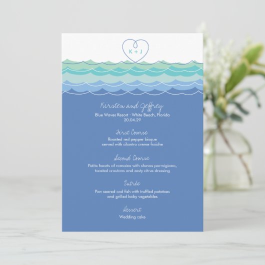 Blauwe oceaangolven loopy Heart Monogram Beach Wed Menu (Staand voorkant)
