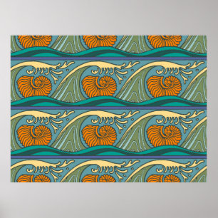 Blauwe Oceaangolven Nautilus Schelp Patroon Nouvea Poster