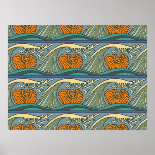 Blauwe Oceaangolven Nautilus Schelp Patroon Nouvea Poster (Voorkant)