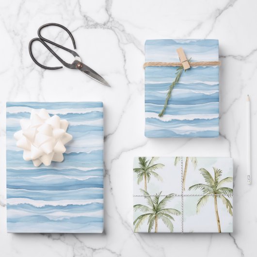 Blauwe Oceaangolven Palmboom Bruiloft Inpakpapier Vel (Voorkant)