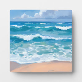 Blauwe Oceaangolven | Strand Zee Aquarel Kunst Fotoplaat