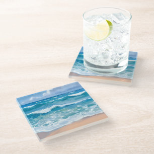 Blauwe Oceaangolven   Strand Zee Aquarel Kunst Glazen Onderzetter