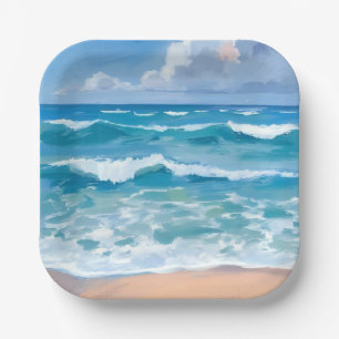 Blauwe Oceaangolven Strand Zee Aquarel Papieren Bordje