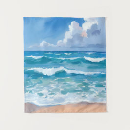 Blauwe Oceaangolven | Strand Zee Aquarel  Wandkleed