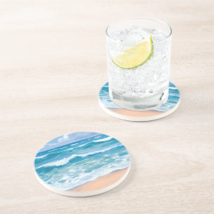 Blauwe Oceaangolven   Strand Zee Aquarel Zandsteen Onderzetter