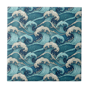 Blauwe Oceaangolven Tropische Zomer Japans Patroon Tegeltje
