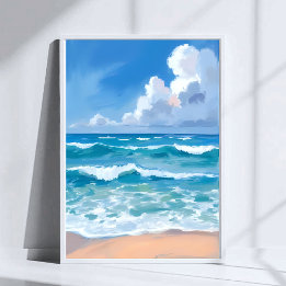 Blauwe Oceaangolven | Waterverf voor strandzee Poster