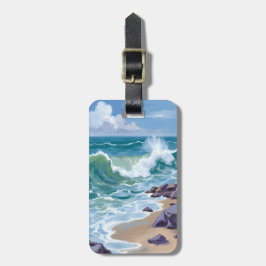 Blauwe Oceaangolven Waterverfschilderij Bagagelabel