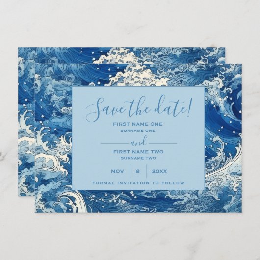 Blauwe oceaangolven zomer save the date (Voorkant / Achterkant)