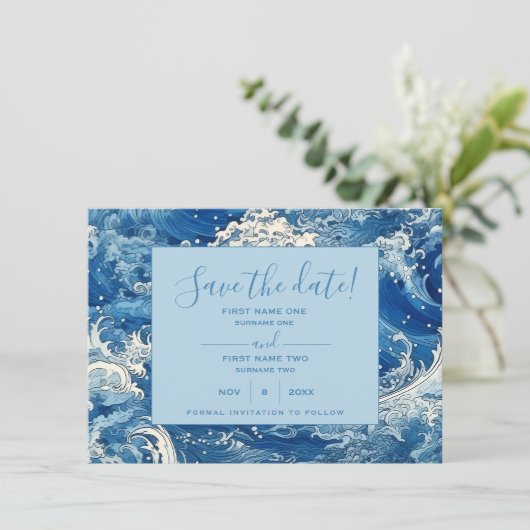Blauwe oceaangolven zomer save the date (Staand voorkant)