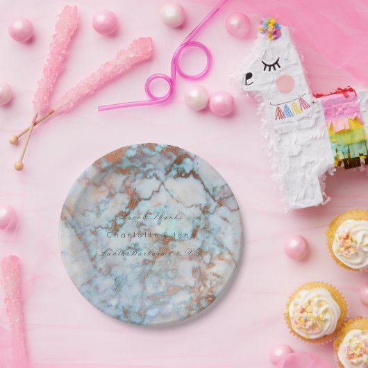 Blauwe oceaanroze penseel Roos goudmarmer bruiloft Papieren Bordje (Feest)