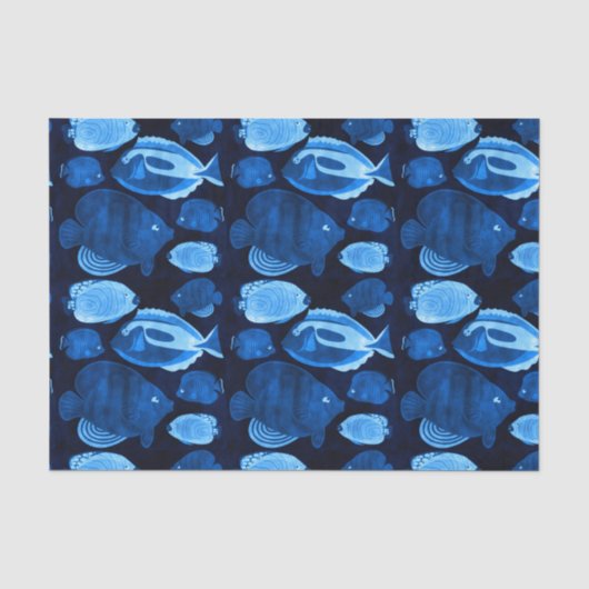 Blauwe Oceerif Waterverf Vispatroon Tissuepapier (Voorkant)
