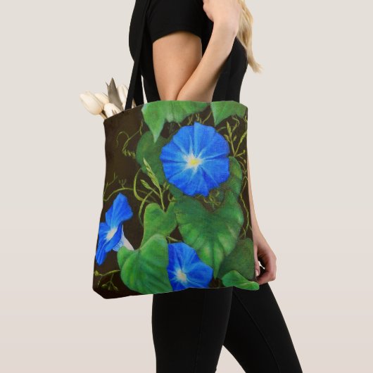 Blauwe ochtend gloriebloem met wijnstokken tote bag (Dichtbij)