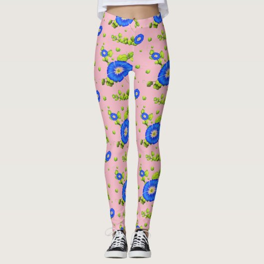 Blauwe ochtendgloren bloemen (Bleek roze) Leggings (Voorkant)