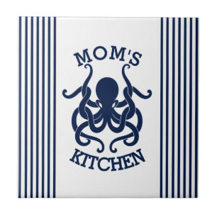 Blauwe Octopus & Blauwe & Witte Strepen Tegeltje