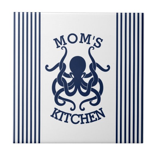 Blauwe Octopus & Blauwe & Witte Strepen Tegeltje (Voorkant)