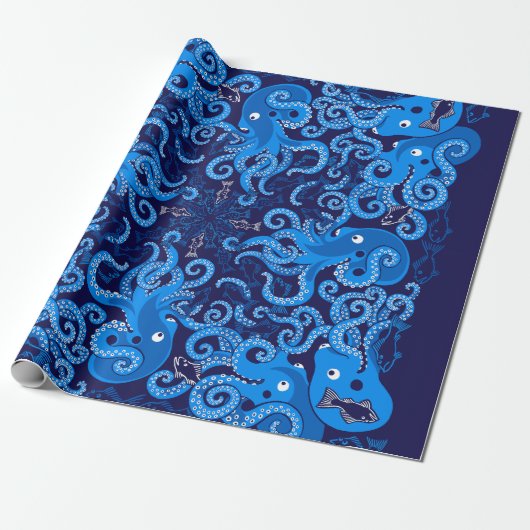 Blauwe octopus cadeaupapier (Uitgerold)