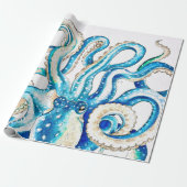Blauwe octopus Comic Style Cadeaupapier (Uitgerold)