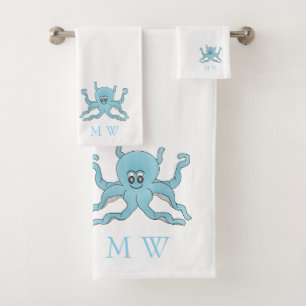 Blauwe Octopus Design Monogram Bad Handdoek