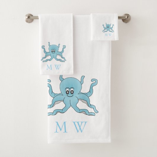 Blauwe Octopus Design Monogram Bad Handdoek (Insitu)