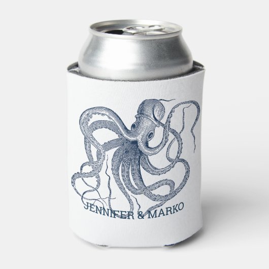 Blauwe octopus illustratie met een aangepast monog blikjeskoeler (Blikje Voorkant)