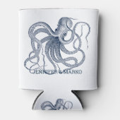 Blauwe octopus illustratie met een aangepast monog blikjeskoeler (Voorkant)
