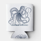 Blauwe octopus illustratie met een aangepast monog blikjeskoeler (Achterkant)