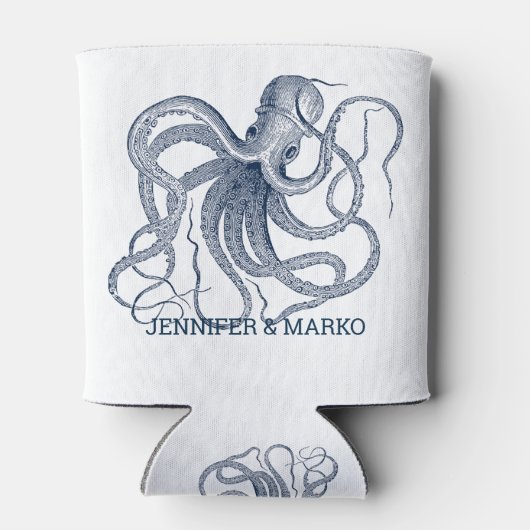 Blauwe octopus illustratie met een aangepast monog blikjeskoeler (Achterkant)