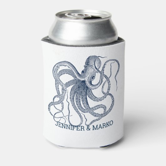 Blauwe octopus illustratie met een aangepast monog blikjeskoeler (Blikje Achterkant)