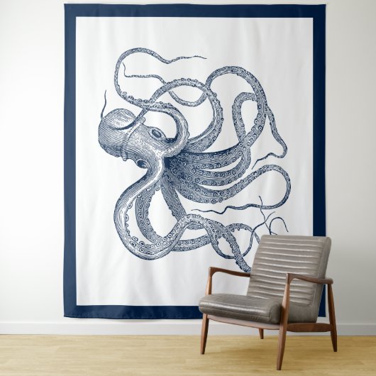 Blauwe octopus illustratie tapestry wandkleed (In situ)