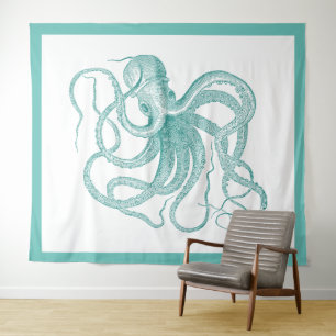 Blauwe octopus-illustratie van Turquoise Wandkleed
