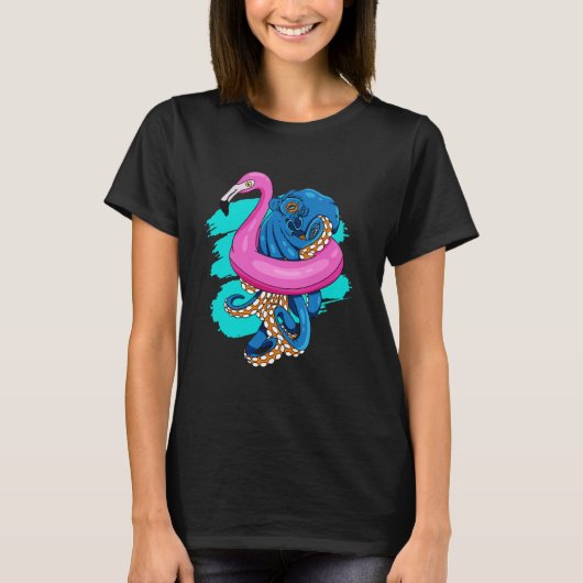 Blauwe Octopus In Roze Flamingo Float Pool Party F T-shirt (Voorkant)
